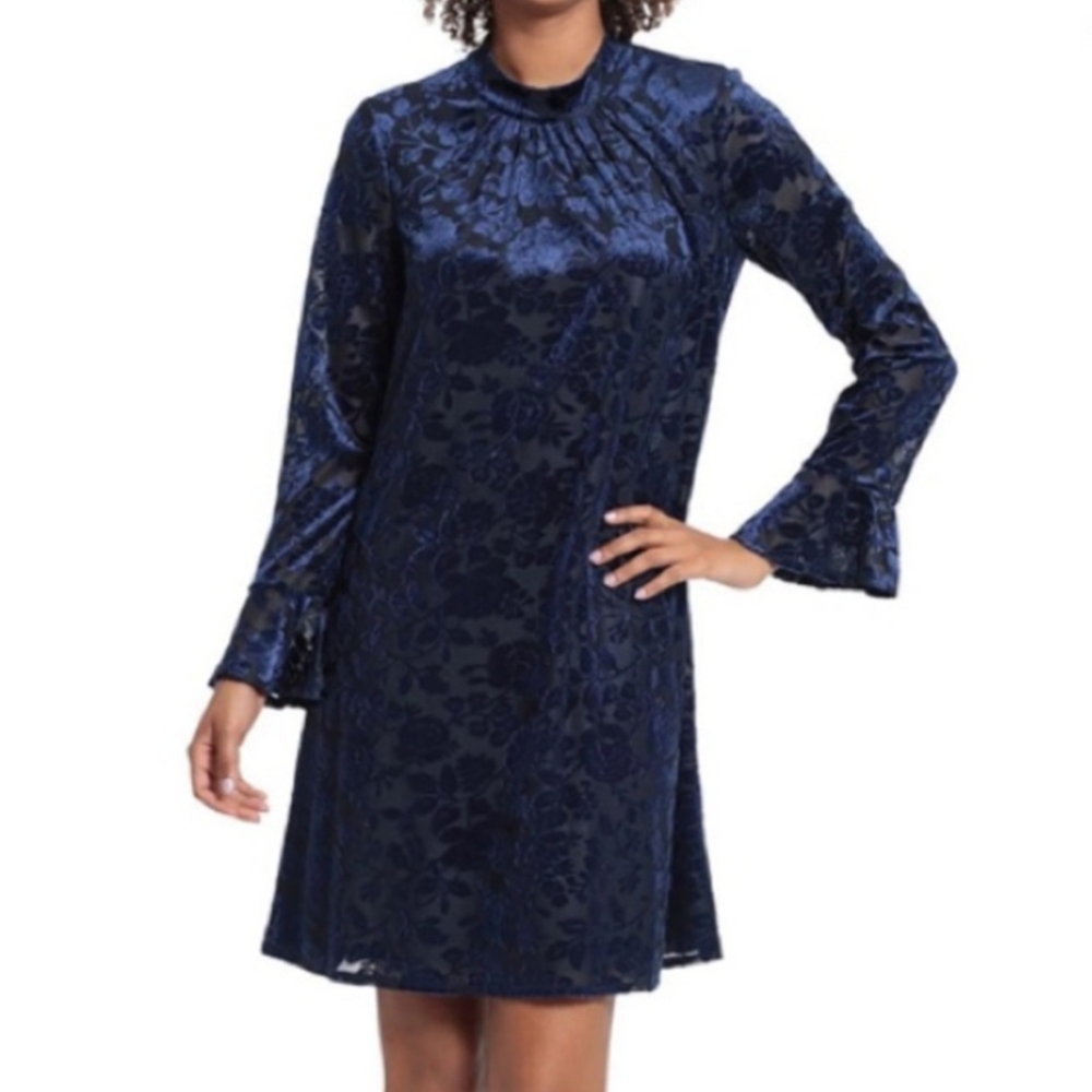 LONDON TIMES Navy Blue Burnout Floral‎ Velvet Shift Dress Sz. 6P